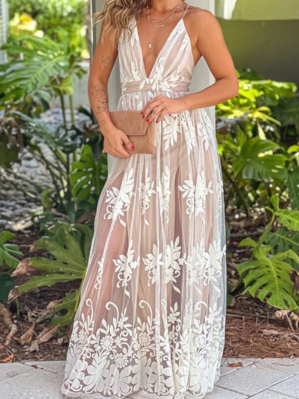 Women's Beige Floral Embroidered Sheer Maxi Dress Size large NWOT